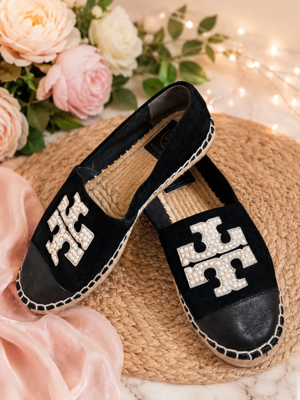 Tory Burch Black Espadrille Flats with Pearl Logo